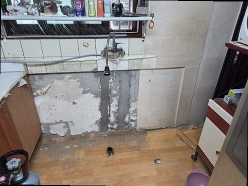 일산서구 누수탐지 누수 점검 전 싱크대 주변 바닥과 수납장 보양 작업
