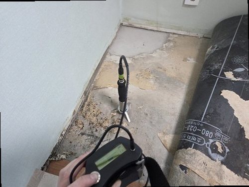 의왕 누수탐지 천장 얼룩과 벽체 수분 흔적을 확인하는 모습